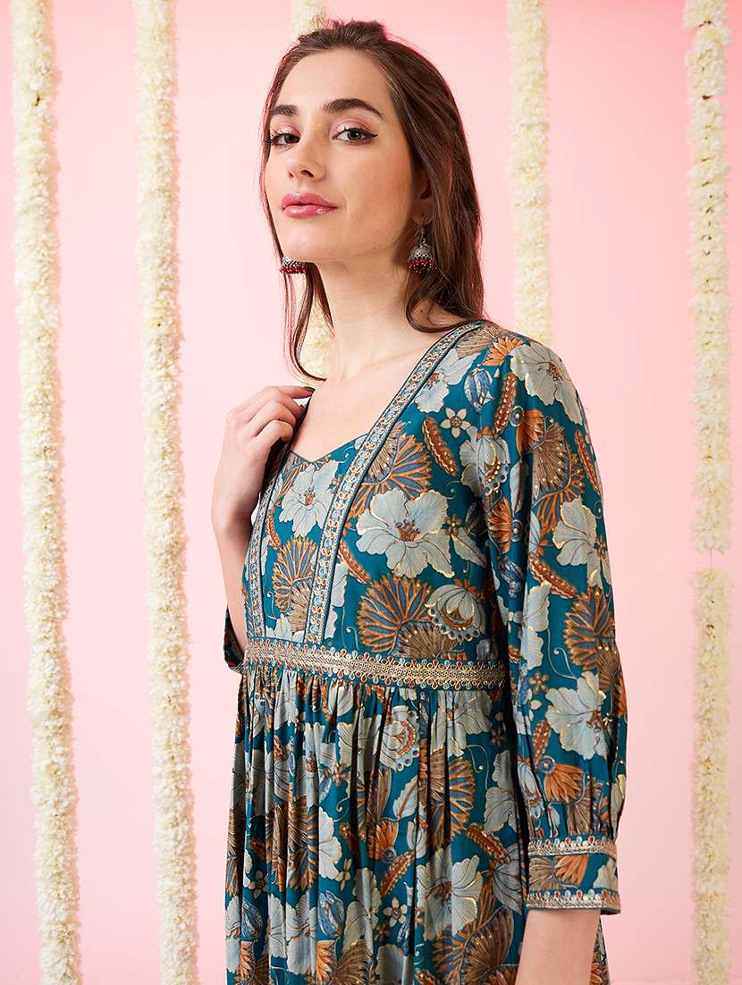 globus women teal sweetheart neck embroidered detail gold foil floral print gathered a-line fusion maxi dress - 21718351 -  Standard Image - 3