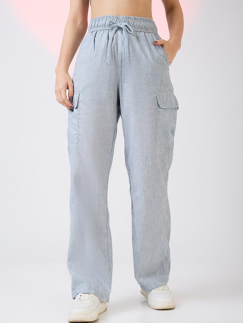 globus women light blue self design checkered mid rise drawstring waist cargo trousers - 21718352 -  Zoom Image - 0