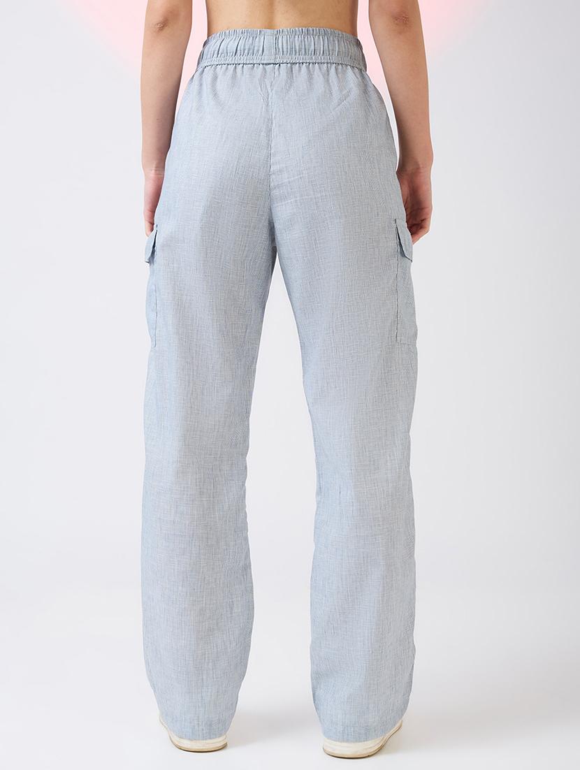 globus women light blue self design checkered mid rise drawstring waist cargo trousers - 21718352 - Standard Image - 3