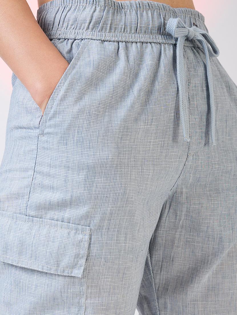 globus women light blue self design checkered mid rise drawstring waist cargo trousers - 21718352 - Standard Image - 5