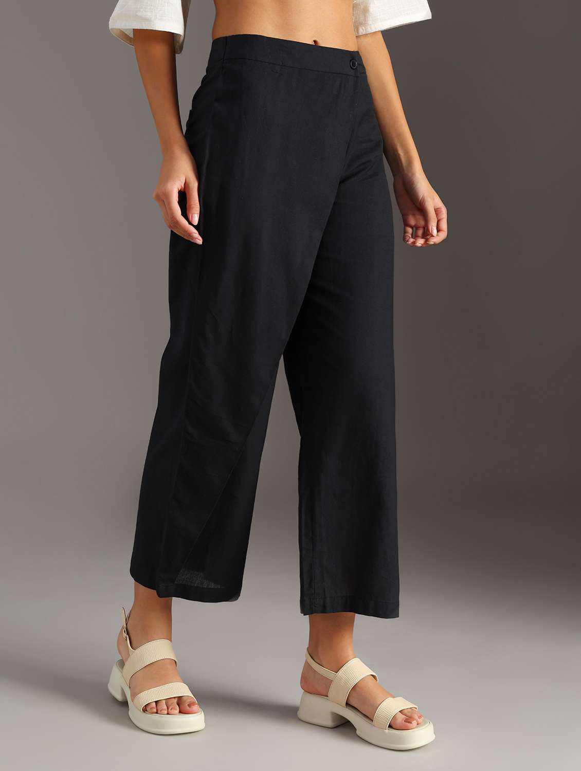 women solid mid rise wide leg trouser - 21718435 -  Standard Image - 3