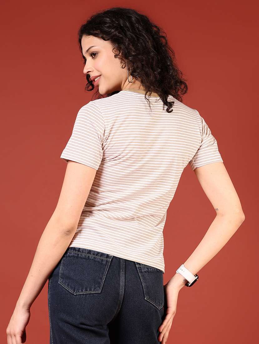 women beige striped round neck short t-shirt - 21718439 -  Standard Image - 3