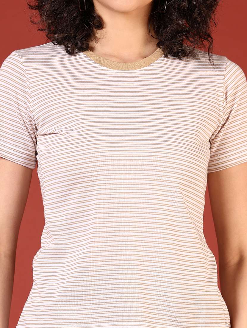 women beige striped round neck short t-shirt - 21718439 -  Standard Image - 5