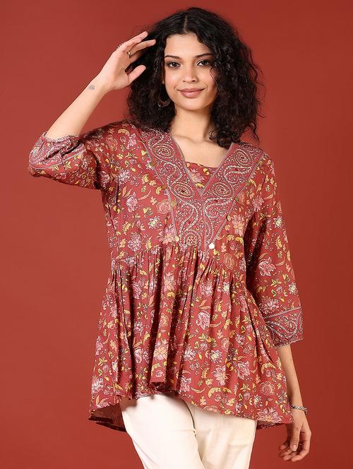 women three quarter sleeve flared kurti - 21718443 - Standard Image - 0