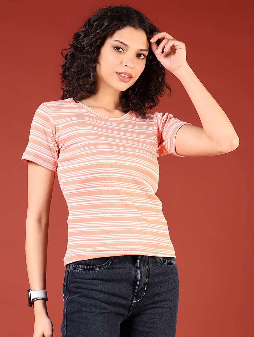 women peach striped round neck short t-shirt