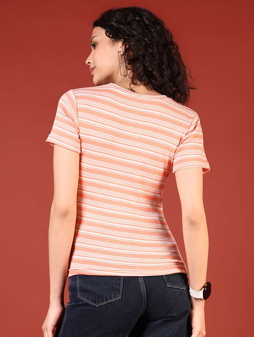 women peach striped round neck short t-shirt - 21718482 -  Standard Image - 3