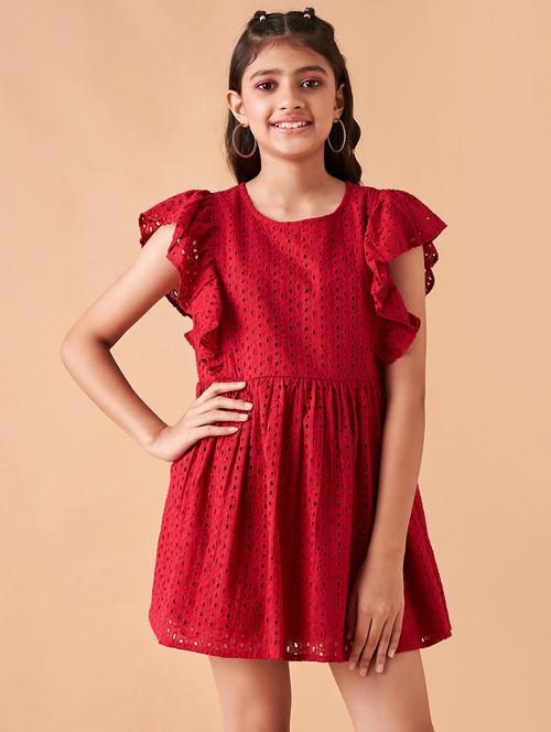 girls solid ruffled sleeves fit & flare dress - 21718545 -  Standard Image - 0