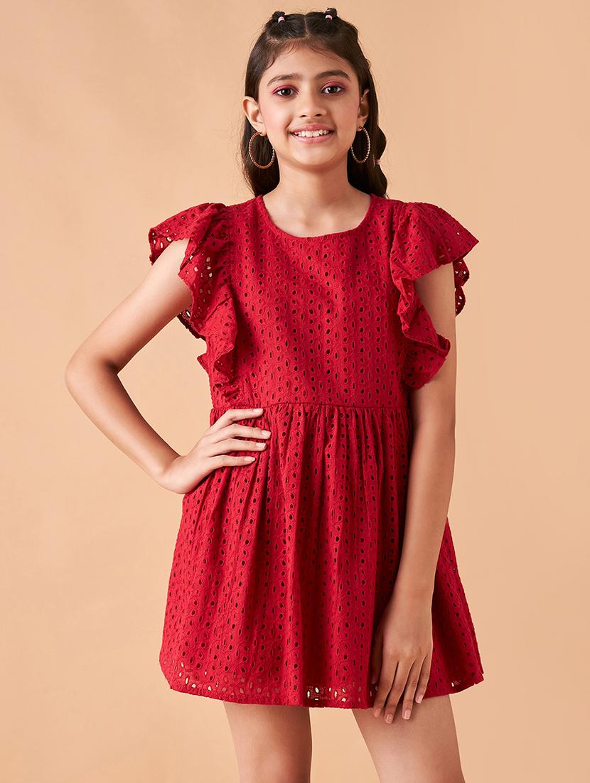 girls solid ruffled sleeves fit & flare dress - 21718545 -  Zoom Image - 0