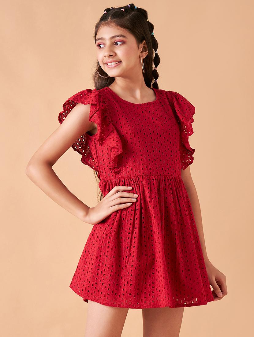 girls solid ruffled sleeves fit & flare dress - 21718545 - Standard Image - 3
