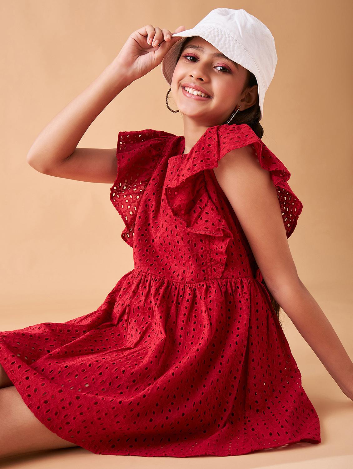girls solid ruffled sleeves fit & flare dress - 21718545 - Standard Image - 5