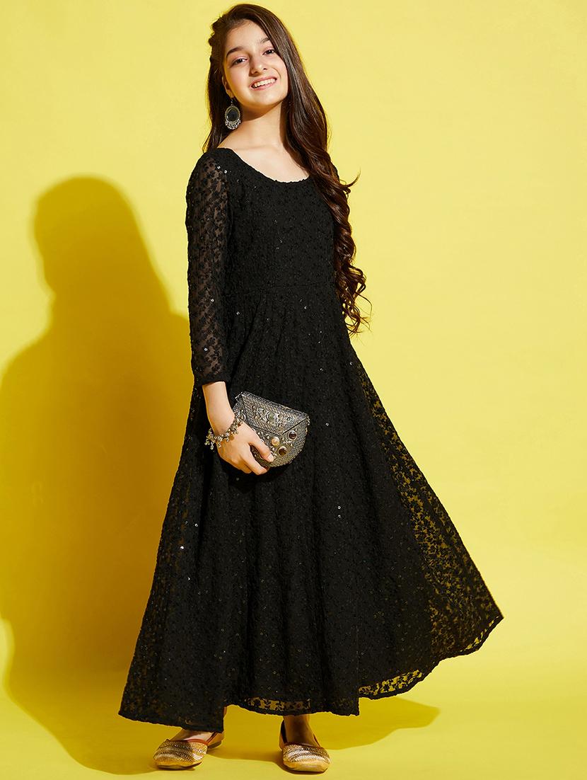 girls black embroidered long sleeve gown - 21718580 - Zoom Image - 0