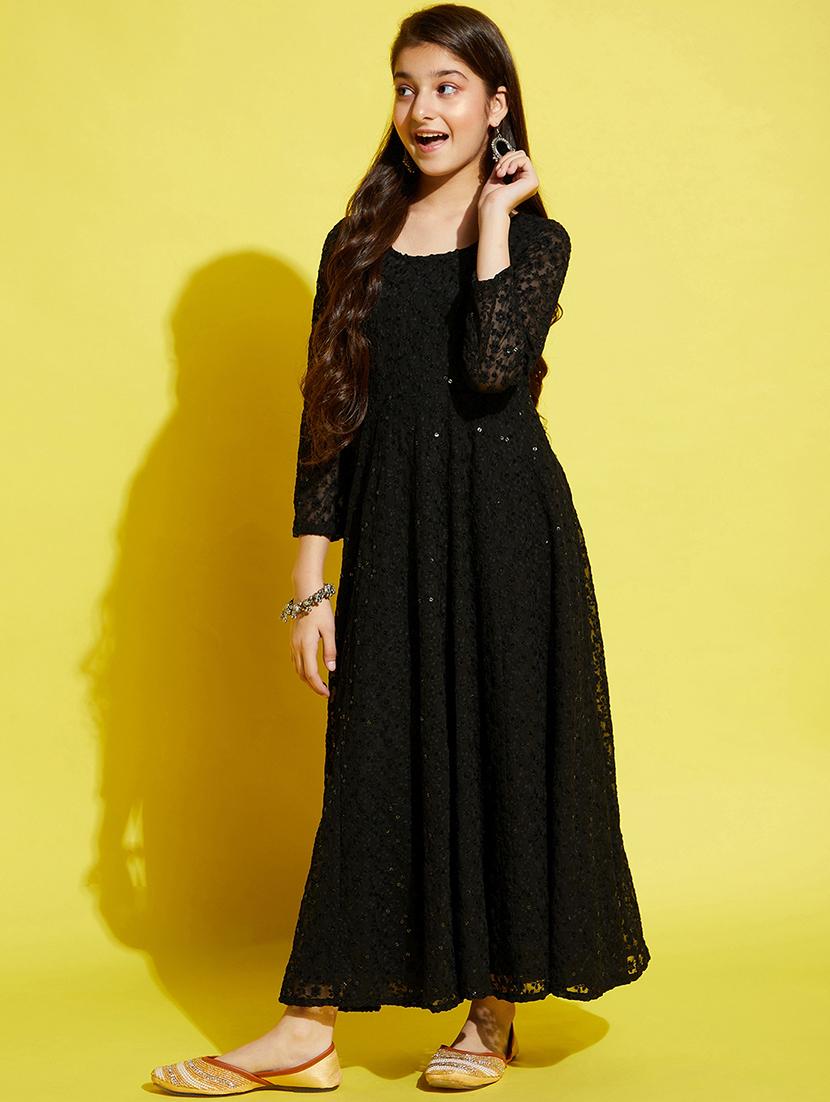 girls black embroidered long sleeve gown - 21718580 - Standard Image - 3