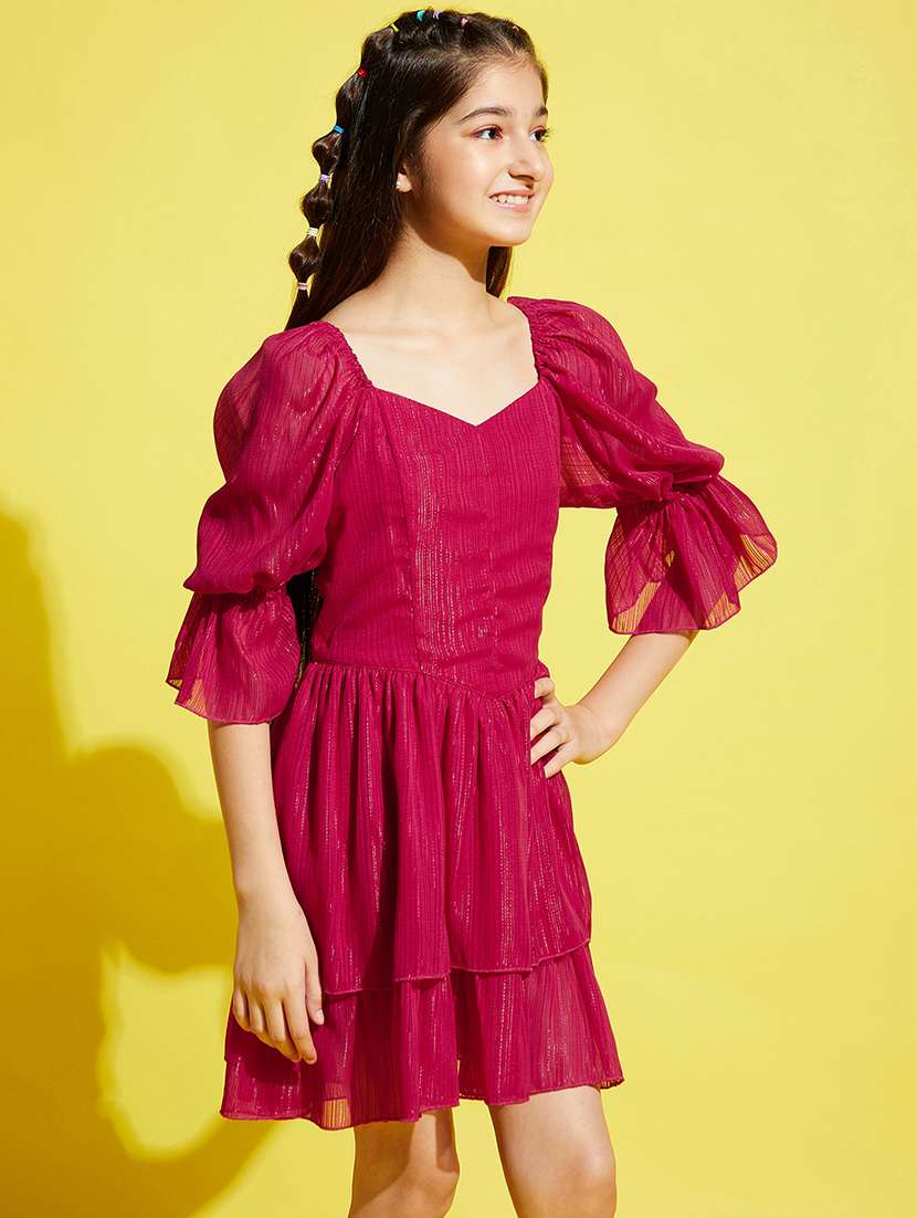 girls solid puff sleeves backless layered dress - 21718587 -  Standard Image - 3