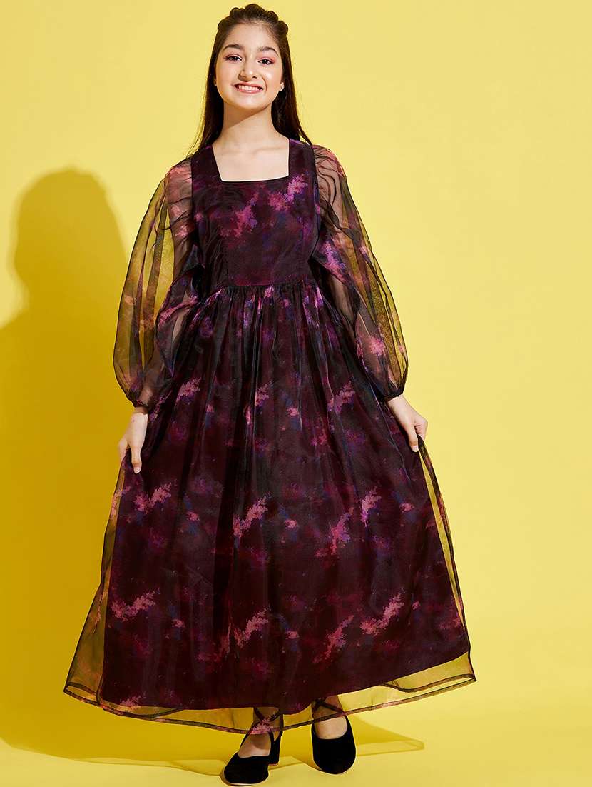 girls printed puff sleeves fit & flared dress