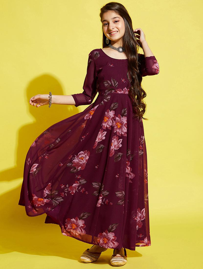 girls floral print round neck fit & flared dress - 21718614 - Zoom Image - 0