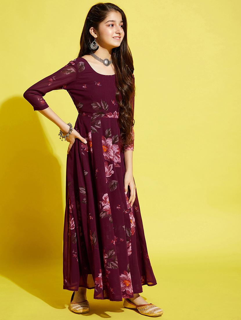 girls floral print round neck fit & flared dress - 21718614 - Standard Image - 3