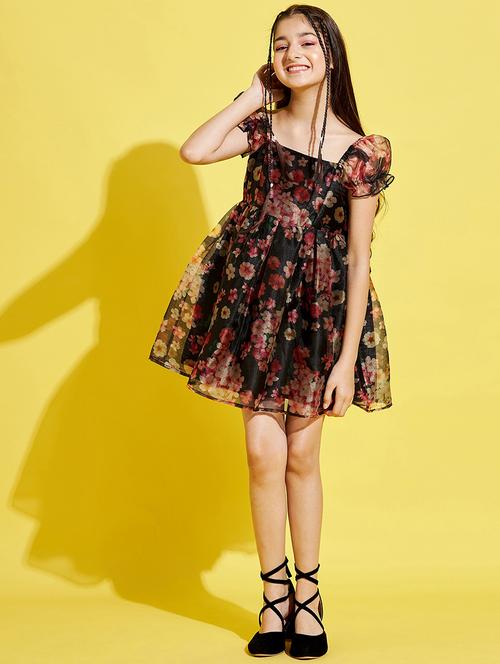 girls floral printed puff sleeves fit & flare dress - 21718624 - Standard Image - 0