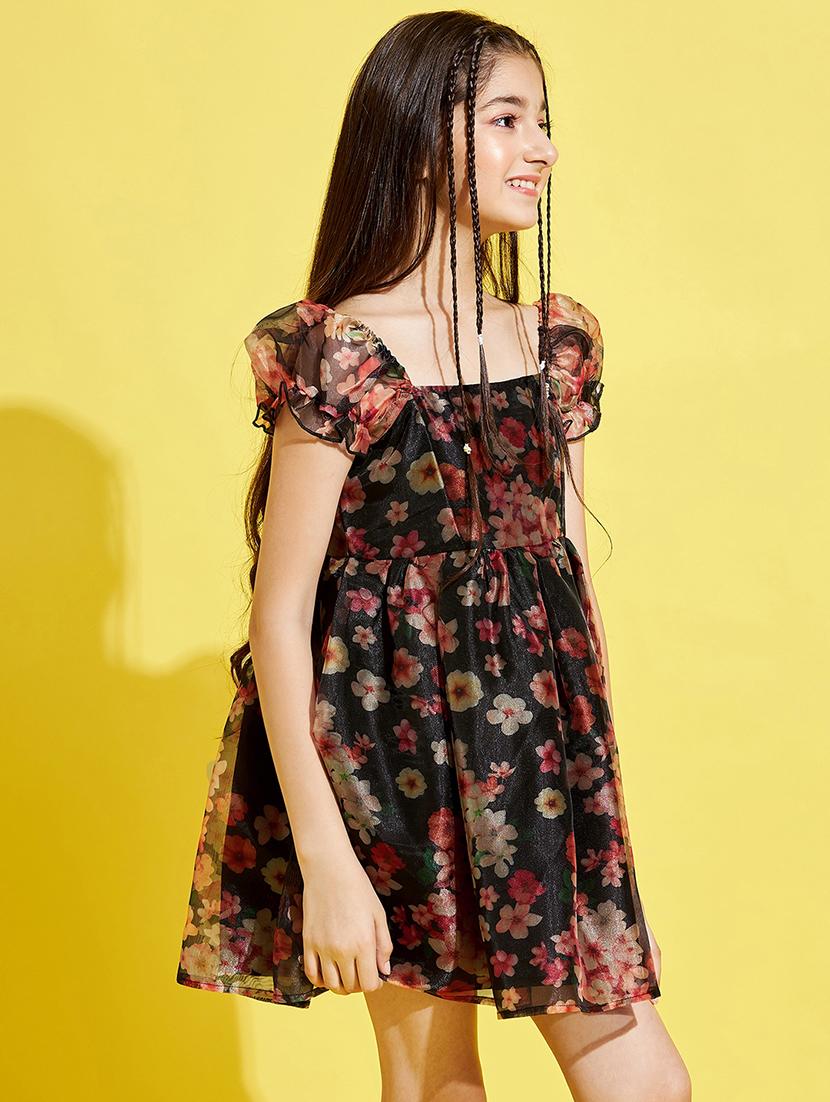 girls floral printed puff sleeves fit & flare dress - 21718624 - Standard Image - 3