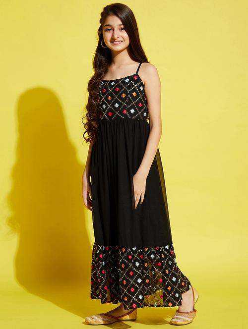 girls black embroidered shoulder strap gown - 21718632 -  Standard Image - 0