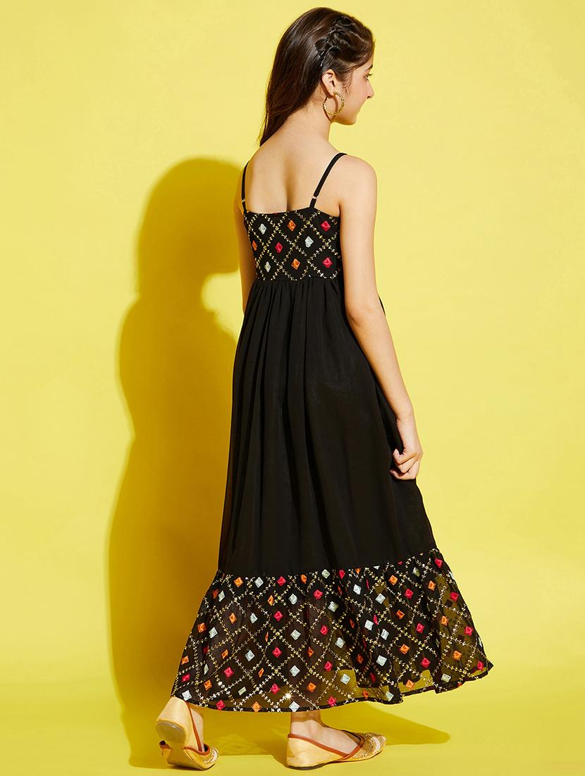 girls black embroidered shoulder strap gown - 21718632 - Standard Image - 3