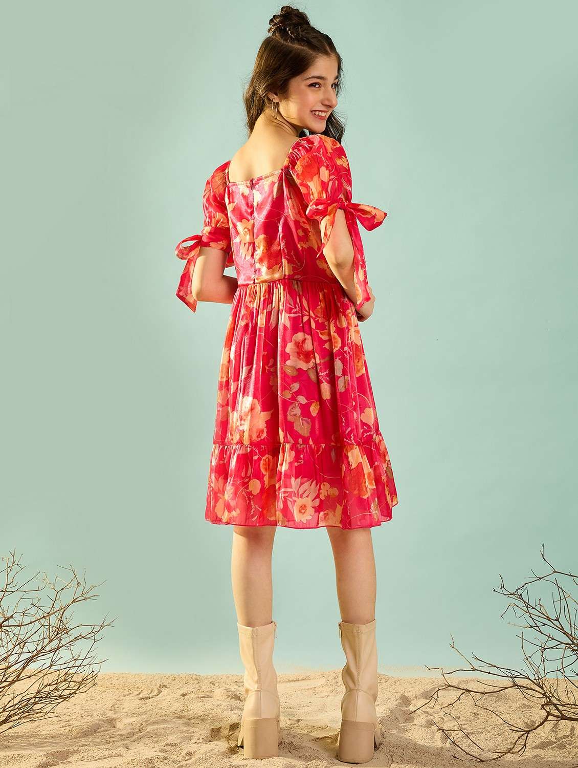 girls floral print puff sleeves tiered dress - 21718675 -  Standard Image - 3
