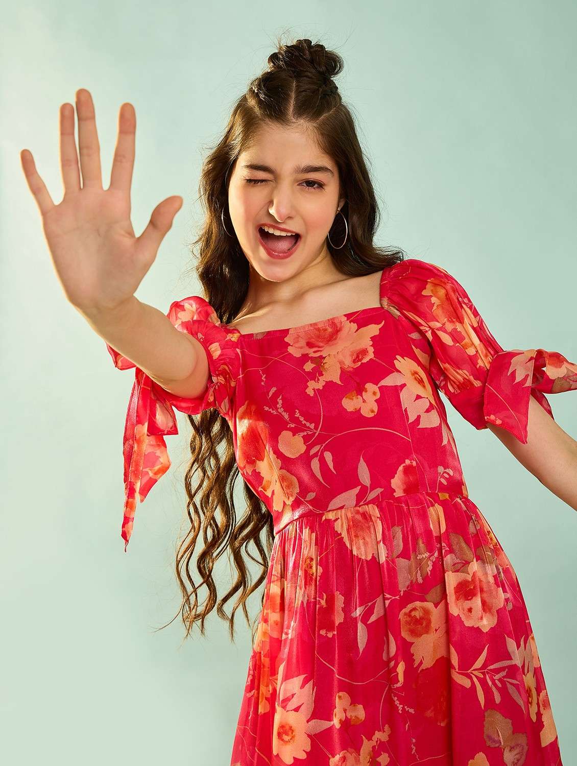 girls floral print puff sleeves tiered dress - 21718675 -  Standard Image - 5