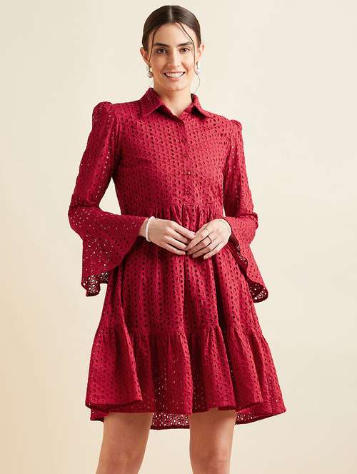women solid collared bell sleeves tiered dress - 21718687 - Standard Image - 0