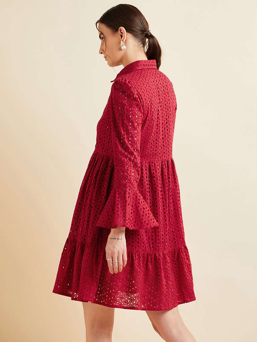 women solid collared bell sleeves tiered dress - 21718687 - Standard Image - 3