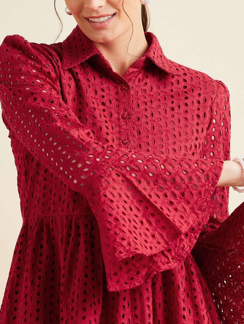 women solid collared bell sleeves tiered dress - 21718687 - Standard Image - 5