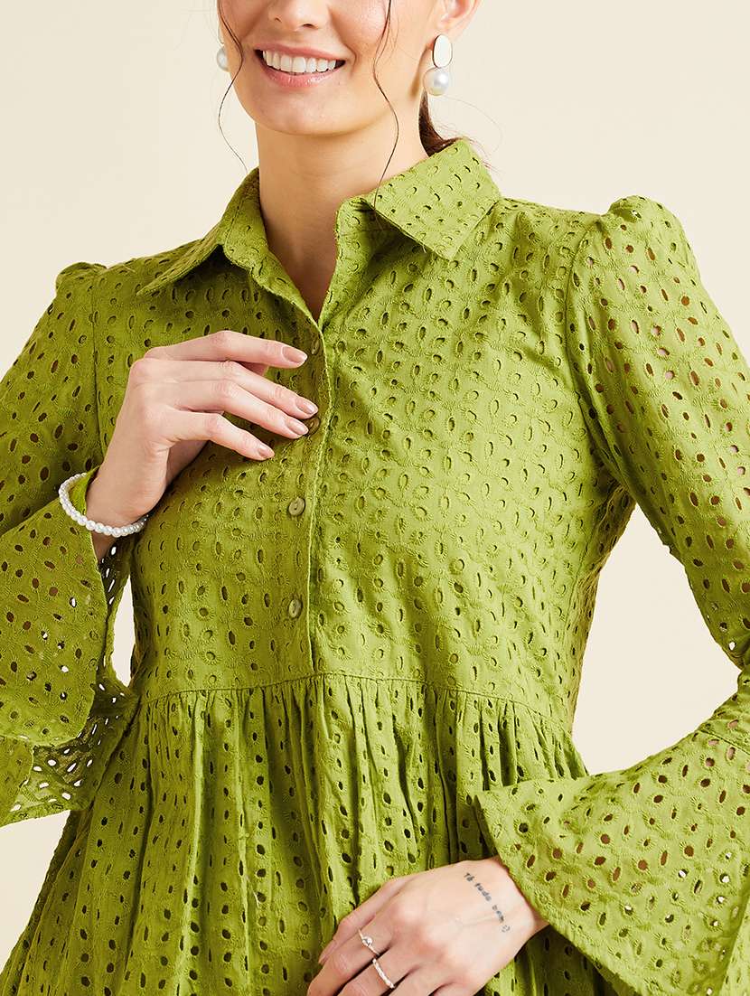 women solid collared bell sleeves tiered dress - 21718688 - Standard Image - 5