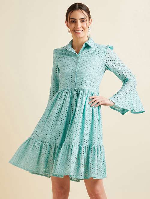 women solid collared bell sleeves dress - 21718689 -  Standard Image - 0