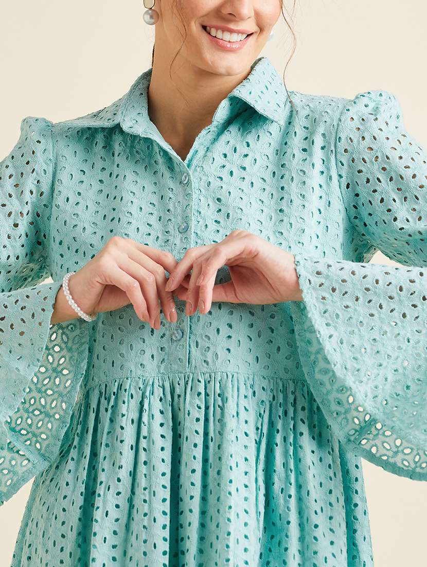 women solid collared bell sleeves dress - 21718689 - Standard Image - 5