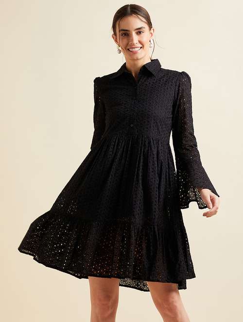 women solid collared bell sleeves tiered dress - 21718690 -  Standard Image - 0