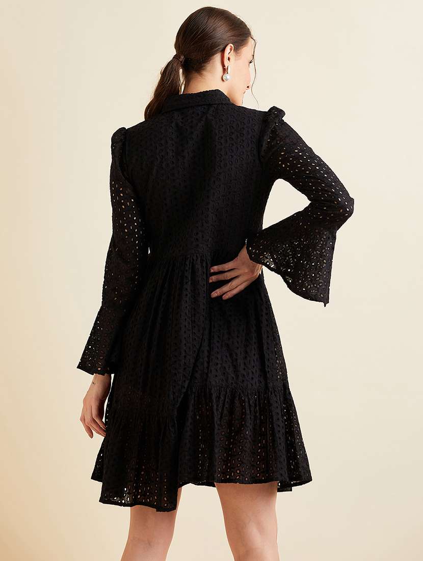 women solid collared bell sleeves tiered dress - 21718690 -  Standard Image - 3