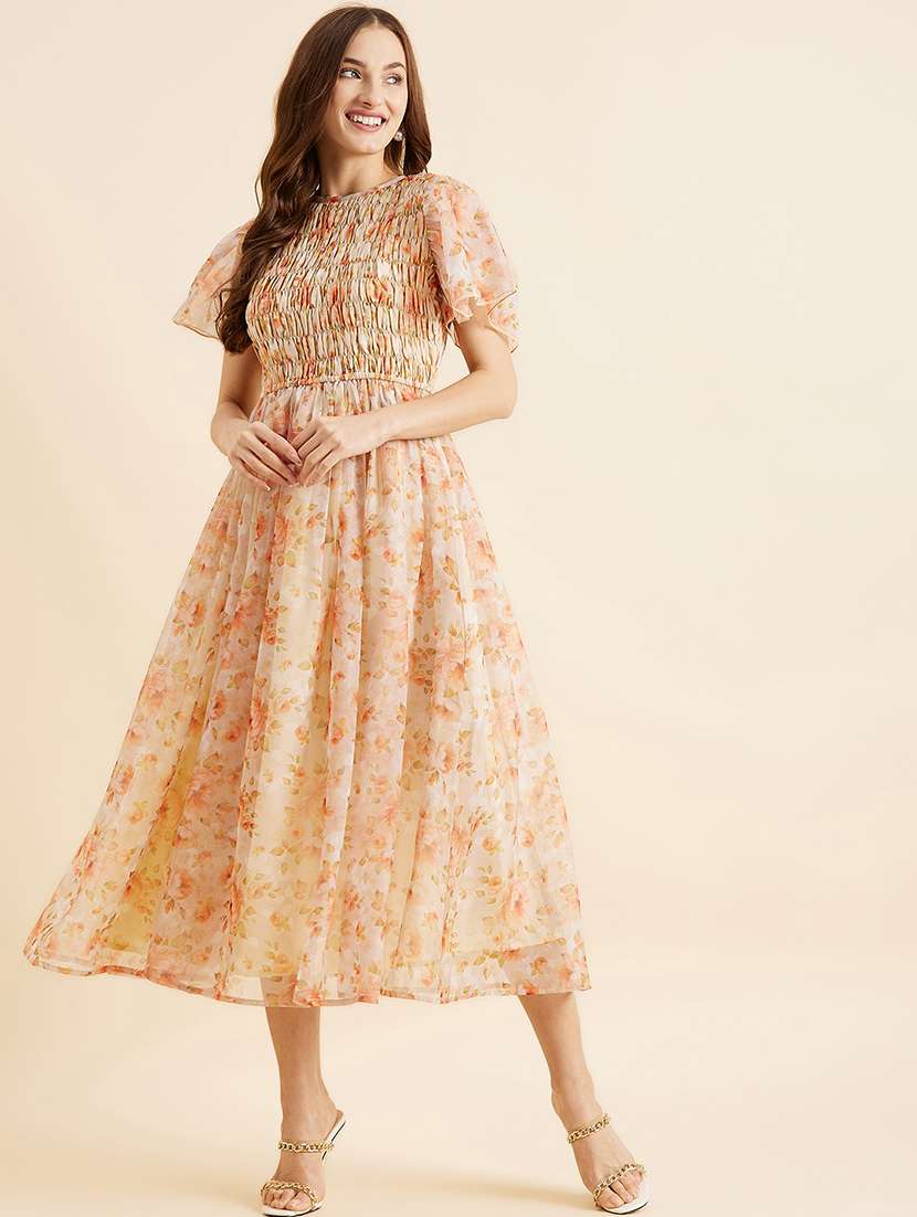 women floral print puff sleeves fit & flare dress