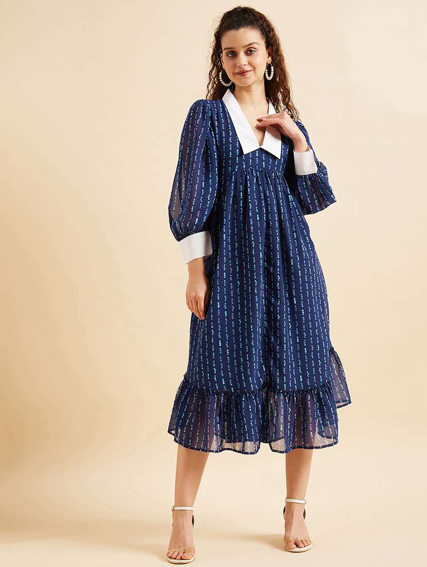women printed puff sleeves tiered dress