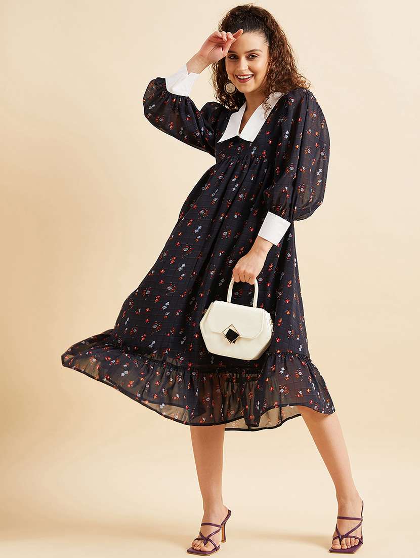 women printed puff sleeves tiered dress
