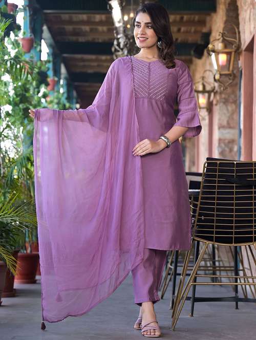 women three quarter sleeve kurta pant with dupatta set - 21719634 -  Standard Image - 0