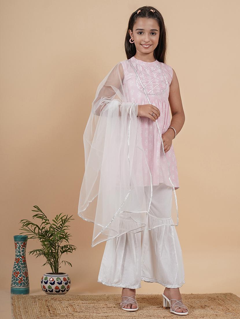 girls floral mandarin neck kurta palazzo set with dupatta