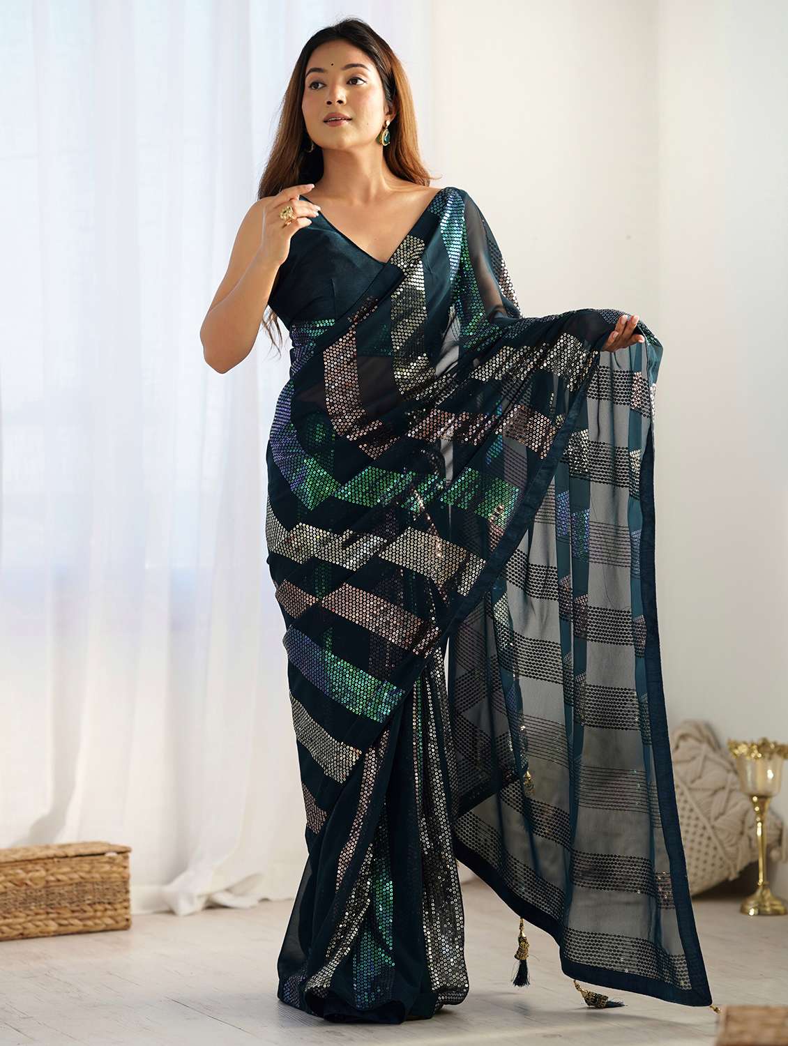 women teal sequin work saree with blouse - 21719761 -  Zoom Image - 0