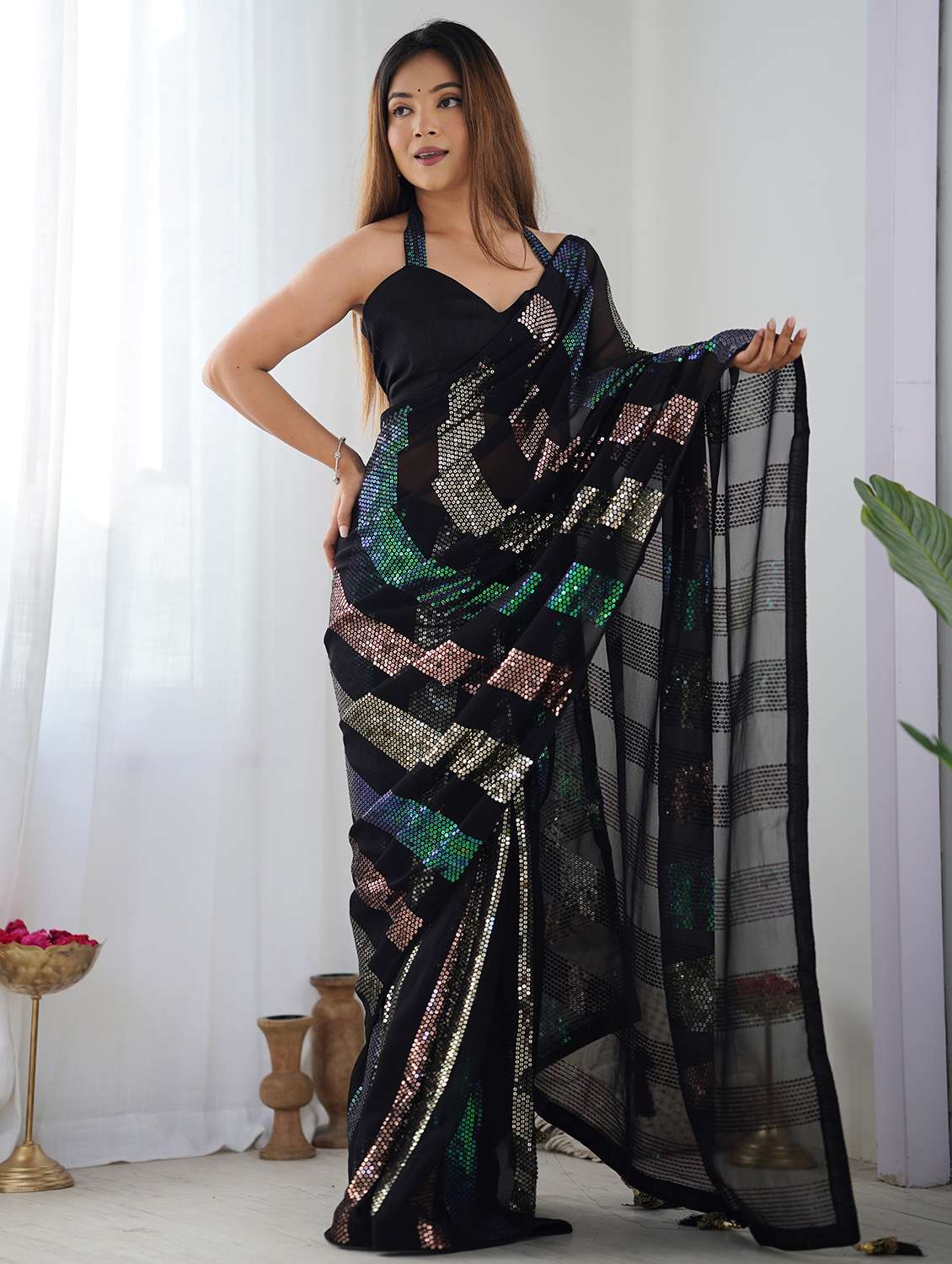 women black sequin work saree with blouse - 21719762 - Zoom Image - 0