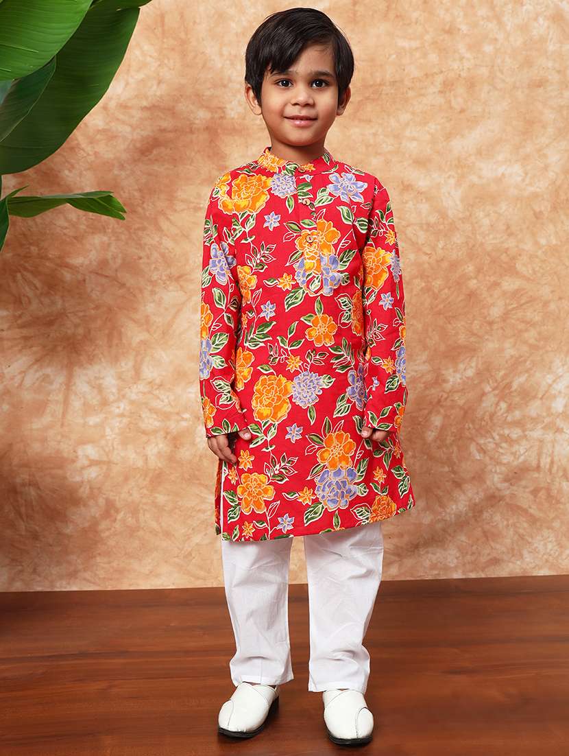 boys mandarin neck printed kurta pyjama set 