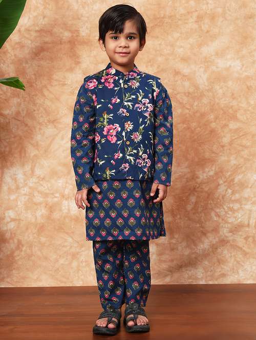 boys mandarin neck printed kurta pyjama set - 21719825 - Standard Image - 0