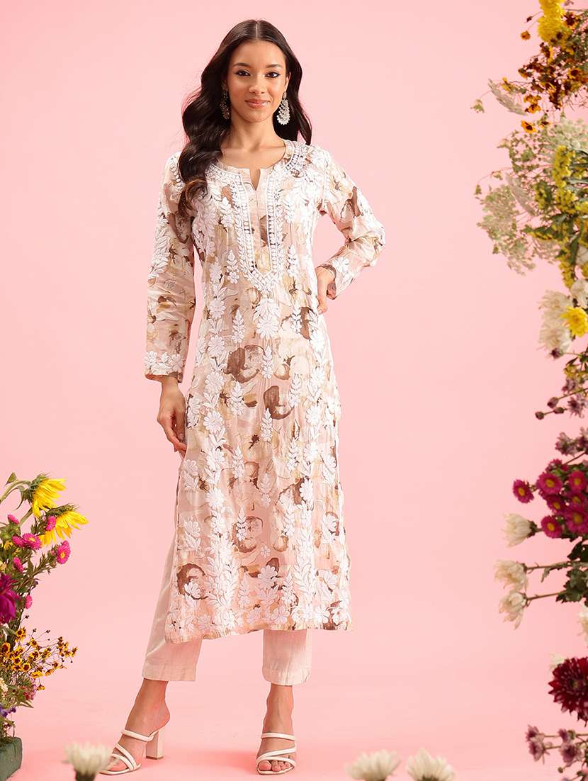 women chikankari work notch neck straight kurta - 21719845 -  Zoom Image - 0