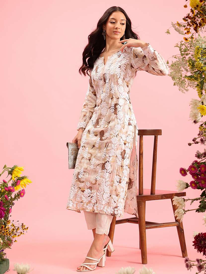 women chikankari work notch neck straight kurta - 21719845 -  Standard Image - 3