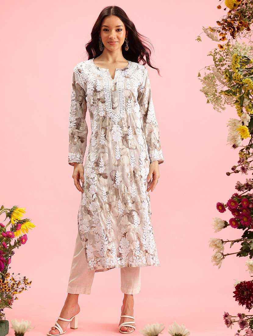 women chikankari work notch neck straight kurta