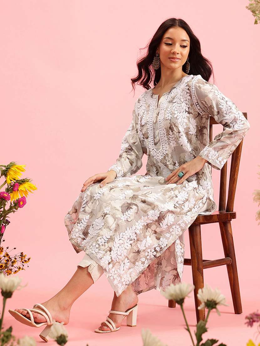 women chikankari work notch neck straight kurta - 21719846 -  Standard Image - 3