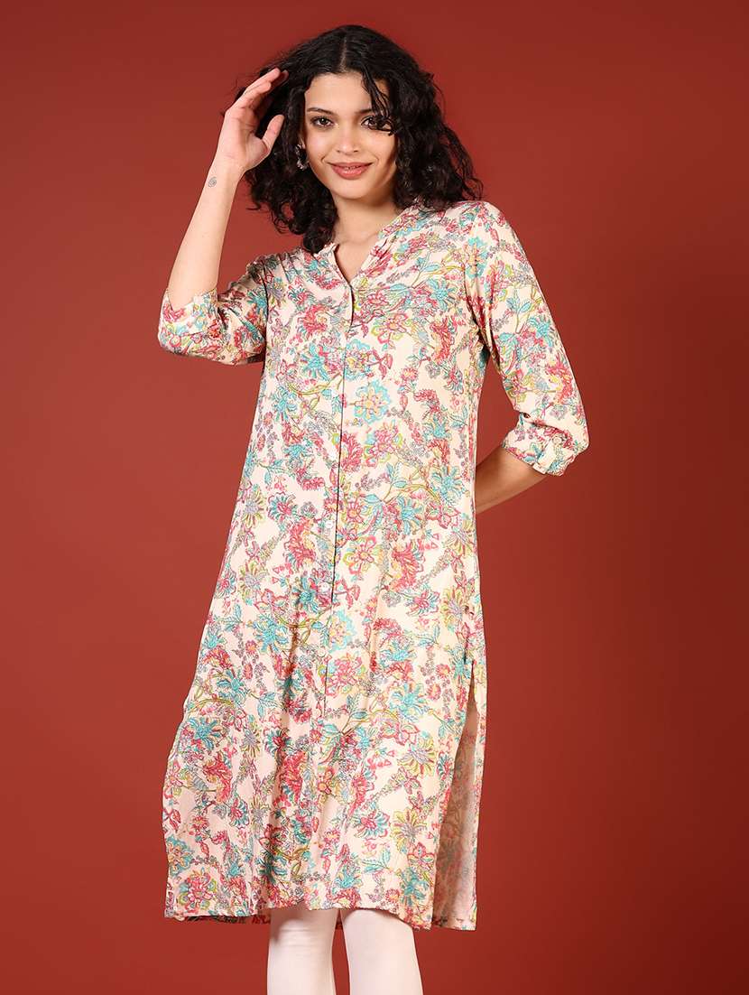 women printed three quarter sleeves straight kurta