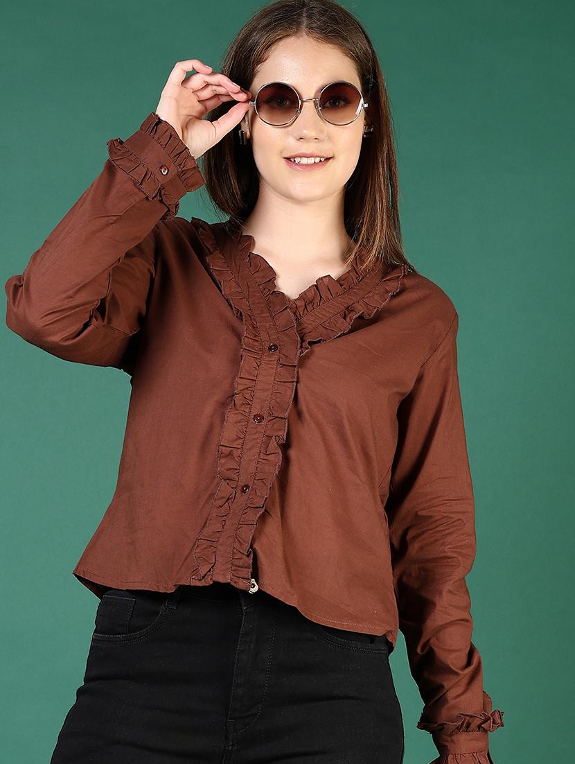 women brown solid long sleeve regular shirt - 21719989 -  Zoom Image - 0