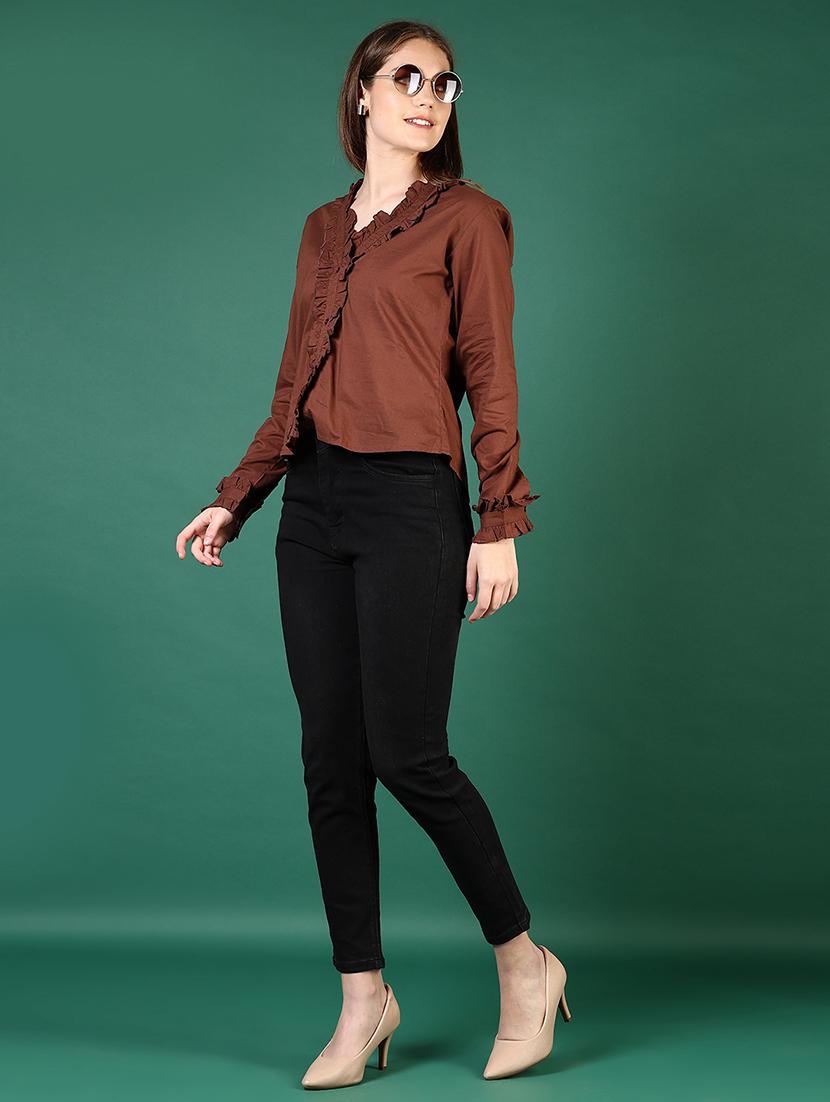 women brown solid long sleeve regular shirt - 21719989 - Standard Image - 5